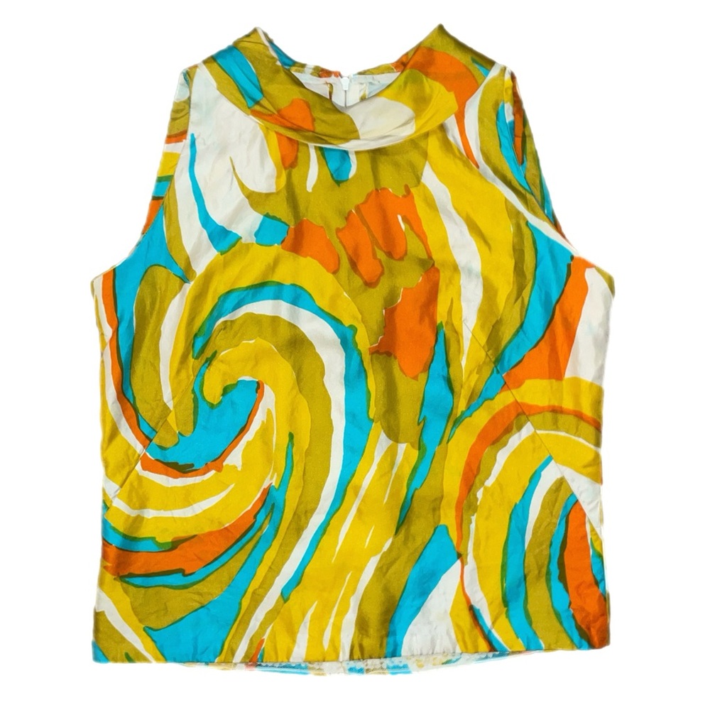 TRUE VINTAGE silk sleeveless abstract swirl pattern handmade cowl neck top